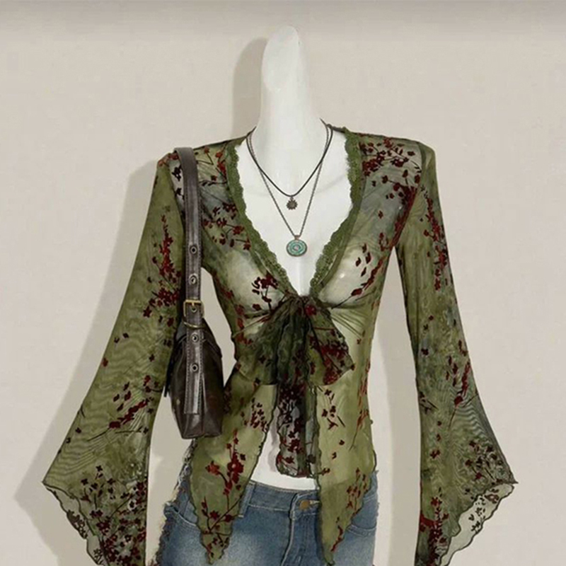 Sewing V - MEXZT Vintage Çiçekli Örgü Gömlek Kadın